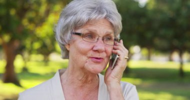 Üst düzey kadın smartphone cep telefonu ile parkta söz