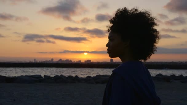 Γυναίκα Κοιτάζει Πάνω Από Τον Ωκεανό Καθώς Δύει Ήλιος — Αρχείο Βίντεο