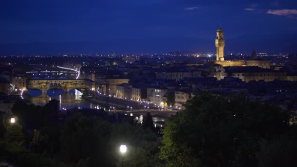 Night Scene Italian City Florence Palazzo Vecchio Towering Horizon Beautiful — Stock Video