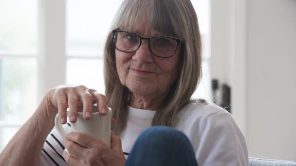 コーヒーカップを持っている先輩白人女性の肖像画を閉じ カメラを見て お茶のマグカップを持って引退した女性のバックライト付きのショット スローモーション4K — ストック動画