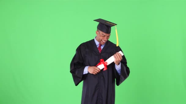 African American Man Graduation Gown Diploma — Stock Video