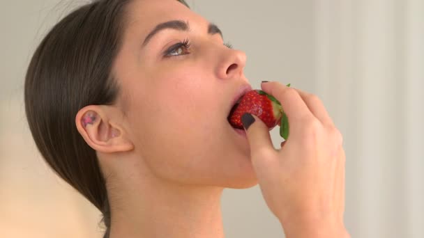 Woman Enjoying Eating Strawberry — Stock Video