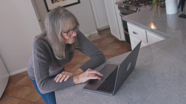 Hochwinkelaufnahme Einer Älteren Weißen Frau Die Online Von Hause Aus — Stockvideo