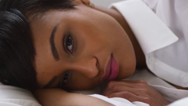 Black Woman Lying Bed — Stock Video