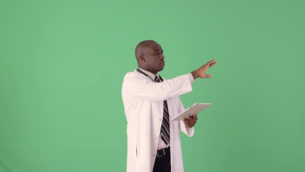 African American Doctor Using Touch Screen Futuristic Display — Stock Video