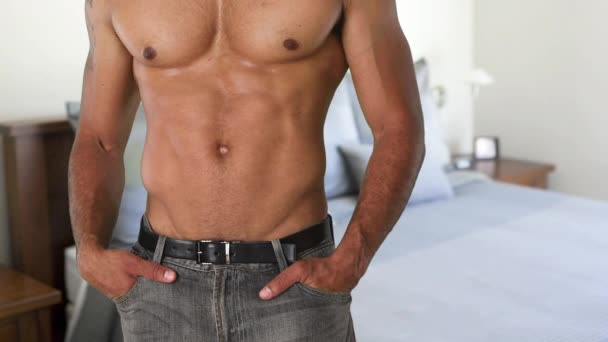 Closeup Torso Shirtless Muscular Man Posing — Stock Video