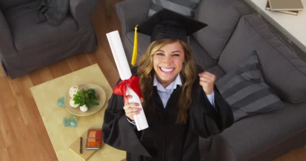 Happy Young Woman Graduate Holding Diploma — Stock Video
