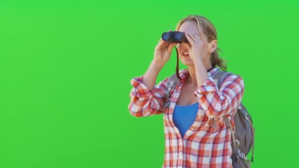 Female Hiker Looking Binoculars Camera — Stock Video
