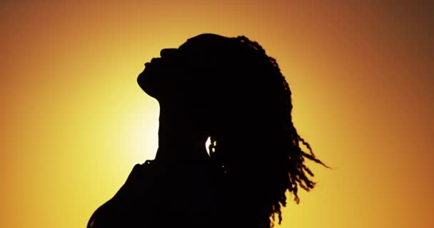 Silhouet Van Afrikaanse Vrouw Permanent Bij Zonsondergang — Stockvideo