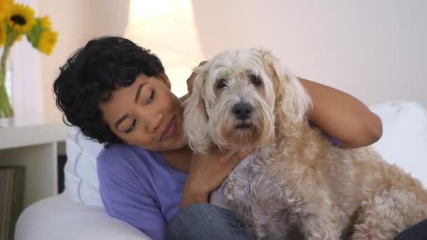 Mulher Negra Sorrindo Posando Com Cão Estimação — Vídeo de Stock