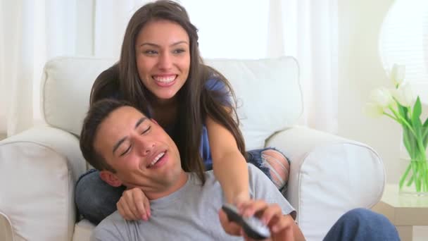 Hispanic Couple Fighting Remote — Stock Video