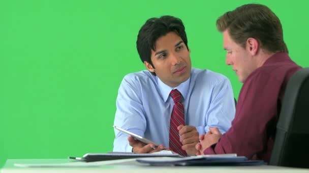 Two Businessmen Working Tablet Greenscreen — Stock Video