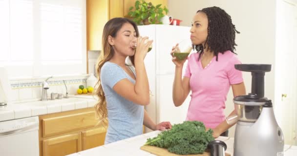 Asian African American Women Drinking Fresh Made Juice — Stock Video