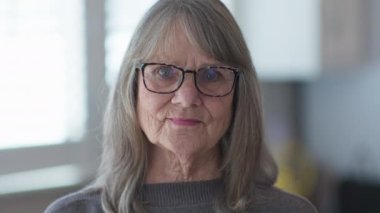 Gri saçlı, gözlüklü, kameraya bakan son sınıf öğrencisinin portresi. Gri kazaklı, yaşlı, Kafkasyalı emekli. Yavaş çekim 4k