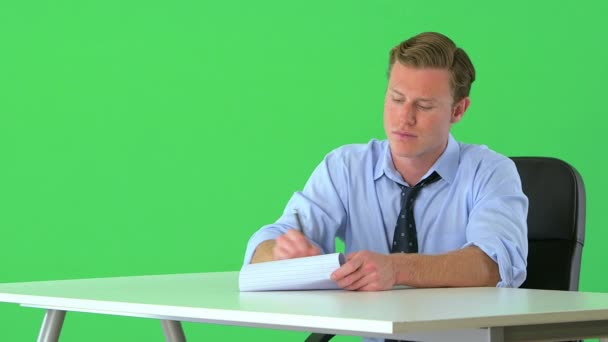 Confident Businessman Sitting His Desk Greenscreen — Stock Video