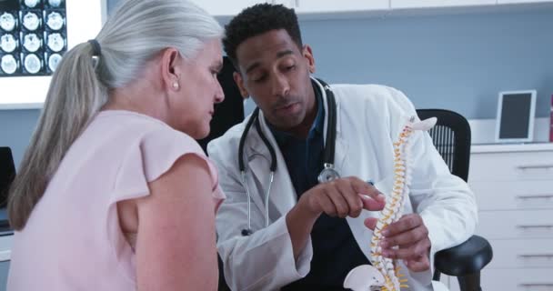 Young Black Medical Doctor Using Sculpture Spinal Cord Patient Area — Stock Video
