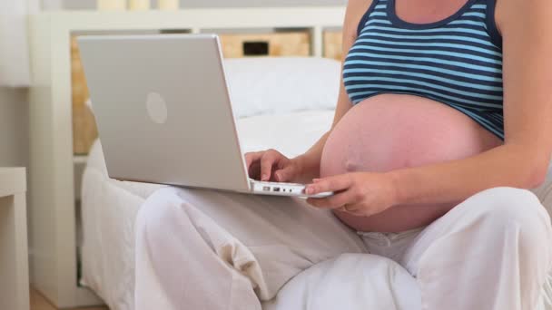 Έγκυος Μητέρα Που Χρησιμοποιεί Φορητό Υπολογιστή — Αρχείο Βίντεο
