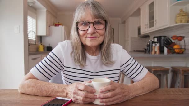 Portrait Une Femme Blanche Âgée Amicale Souriant Chaleureusement Caméra Avec — Video