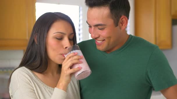 Cute Mexican Couple Drinking Smoothies — Stock Video