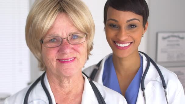 Two Happy Doctors Looking Camera — Stock Video