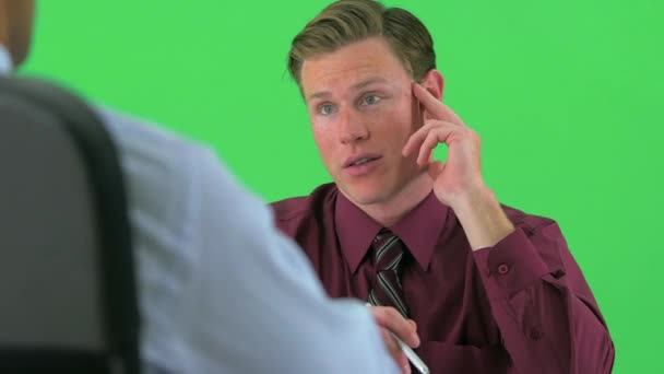 Shoulder Two Businessmen Talking Greenscreen — Stock Video