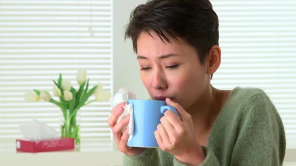 Woman Sick Flu Sneezing Drinking Tea — Stock Video