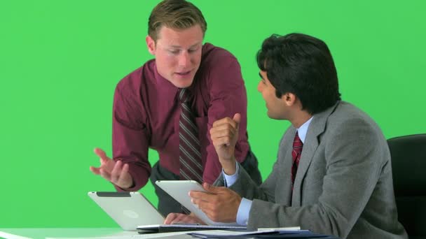 Two Businessmen Working Tablets Greenscreen — Stock Video