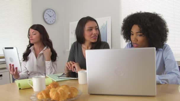 Zwei Geschäftsfrauen Benutzen Laptop Während Arbeitskollegin Haare Repariert — Stockvideo
