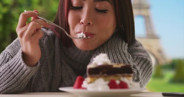 Joyeux Gâteau Japonais Près Tour Eiffel Femme Vacances Paris Livre — Video
