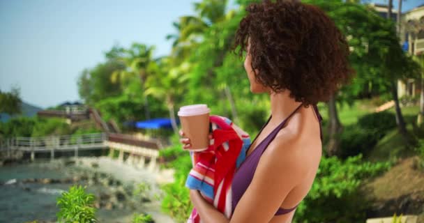 カリブ海のリゾートからビーチを見て魅力的な若い女性 水着でリラックスした黒の女性は 熱帯ビーチで紙コップから飲む — ストック動画