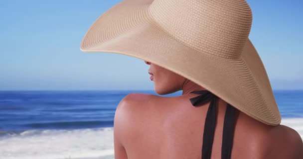 Femme Avec Grand Chapeau Soleil Donnant Sur Océan Vacances Vue — Video