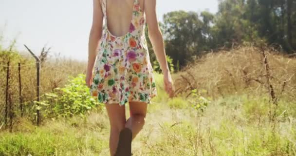 Rear View Young Woman Walking Countryside — Stock Video