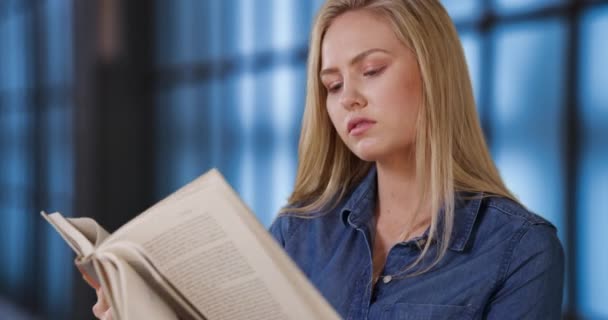 Attractive Young White Woman Opens Book While Standing Hallway Pretty — Stock Video