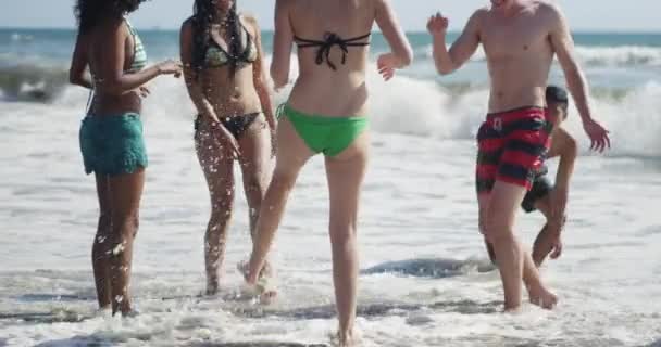 性感的年轻女子踢飞溅的水与一群朋友在海滩上 — 图库视频影像