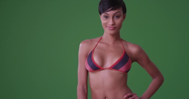 Sexy Black Woman Striped Swimsuit Green Screen Green Screen Keyed — Stock Video