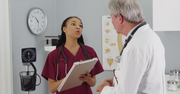 Junge Schwarze Krankenschwester Gespräch Mit Einem Leitenden Arzt — Stockvideo