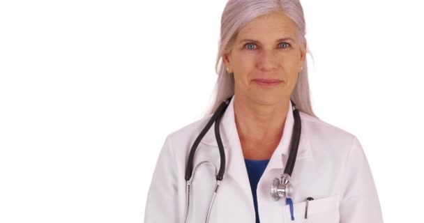 Elderly Medical Professional Poses Portrait White Background Older Doctor Stands — Stock Video