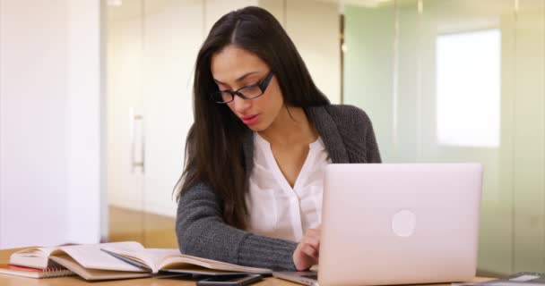 College Student Does Her Homework Her Laptop Library Girl Reads — Stock Video