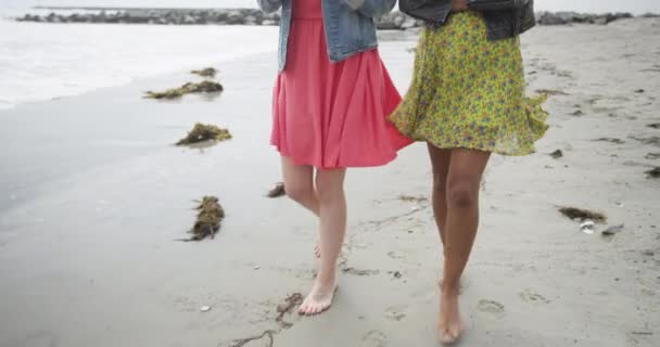 Mulheres Bonitas Andando Longo Praia Juntos — Vídeo de Stock