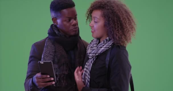 Millennial Black Couple Call Taxi Smart Phone Green Screen Green — Stock Video