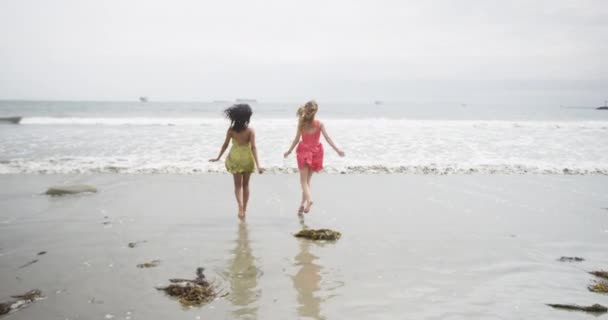 Namoradas Fugindo Maré Praia — Vídeo de Stock