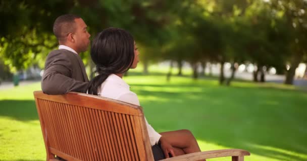 ビジネスマンとビジネスマンはベンチに座って公園で真剣な会話をしている 公園でのビジネスの同僚会議の後方ビュー — ストック動画