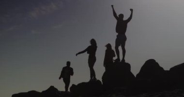 Buzlu plajda durup arkadaş silüeti