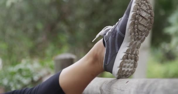 Close Van Aziatische Vrouw Stretching Het Park — Stockvideo