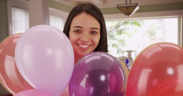 Happy Mexican Woman Holding Balloons Home — Stock Video