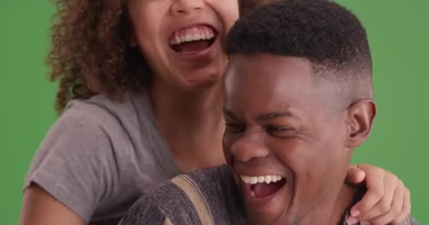 Black Millennial Couple Embrace Each Other Laughing Smiling Together Green — Stock Video
