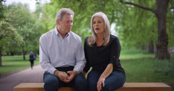 Leeftijd Wit Paar Een Openbare Park Bank Bespreken Een Ernstige — Stockvideo