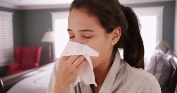 Sick Mexican Woman Blowing Nose — Stock Video