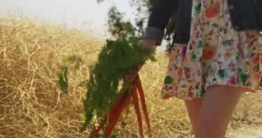 Sıradan bir köylü kızı taze toplanmış sebzelerle yürüyor.