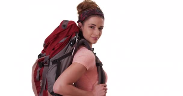 Portrait Active Caucasian Female Wearing Backpack Looking Camera Smiling Young — Stock Video